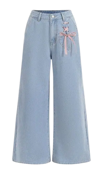 Women's High Waisted Wide Leg Jeans with Side Lace-Up Ribbon Detail and Heart Buckle Belt - Image 2