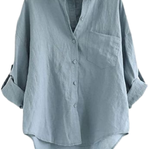 Women's Linen Cotton Button-Down Shirt Oversized Roll-Up Long Sleeve Blouse with Pocket