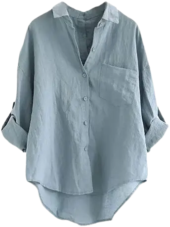 Women's Linen Cotton Button-Down Shirt Oversized Roll-Up Long Sleeve Blouse with Pocket