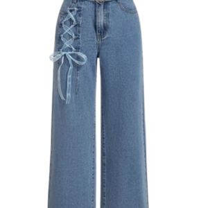 Women's High Waisted Wide Leg Jeans with Side Lace-Up Ribbon Detail and Heart Buckle Belt