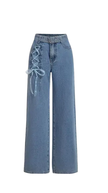 Women's High Waisted Wide Leg Jeans with Side Lace-Up Ribbon Detail and Heart Buckle Belt
